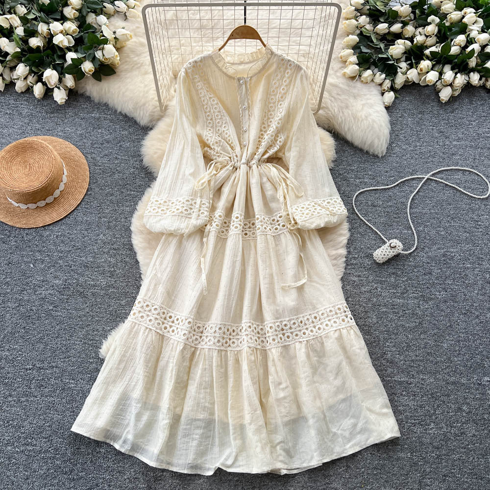 French court style puff sleeve dress - women's autumn hollow-out crochet drawstring waist elegant chic maxi dress