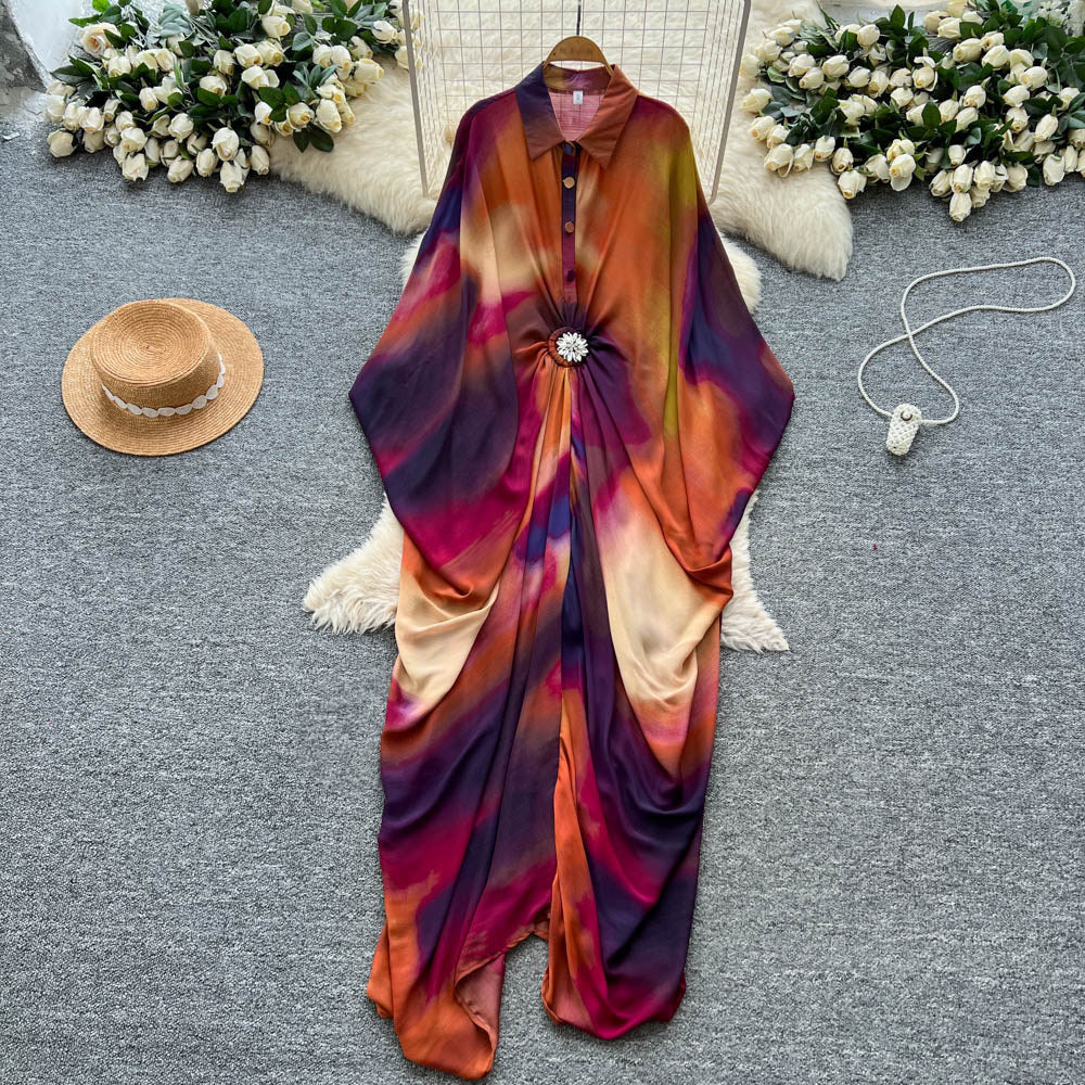 Vacation style printingpatchworkclassy new arrivaldress women's waist slimming look large swing long skirt work clothingelegant skirt