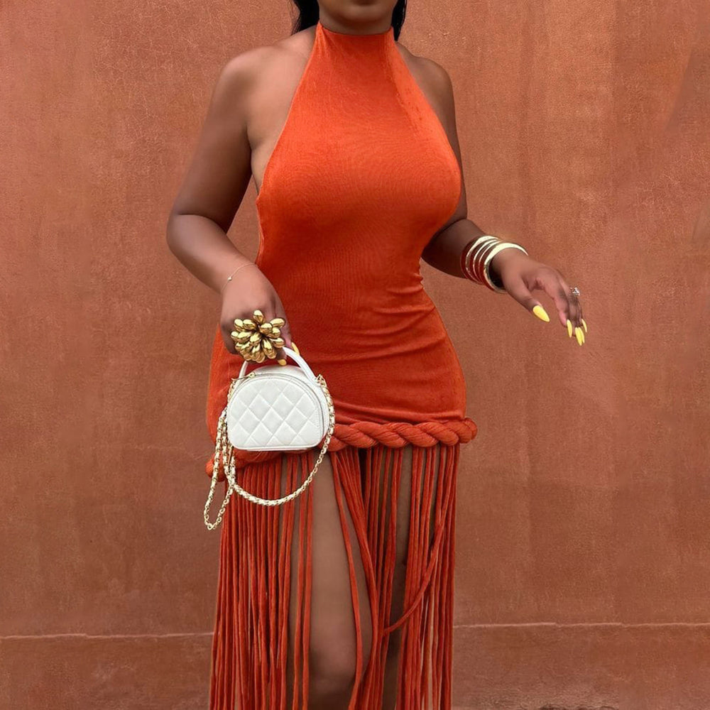 European and american style women's summer  new fashion halter tassel design backless sexy slim-fit dress wholesale
