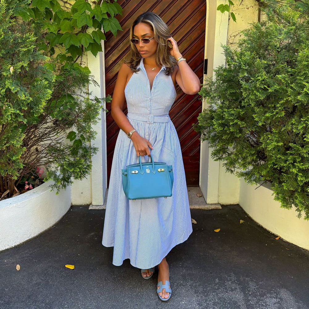 European and american cross-border african women's clothing  summer new arrival: elegant striped sleeveless dress with turn-down collar and tie waist