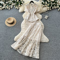 Elegant beaded lace v-neck two-piece set: a sophisticated and slim-fitting summer outfit for women