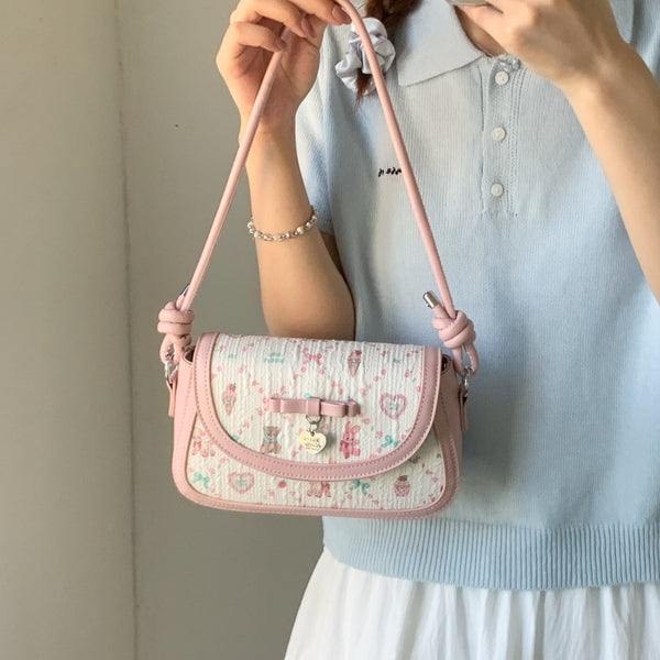 New popular versatile print cute shoulder bag women 2025 women's texture niche bow crossbody small square bag