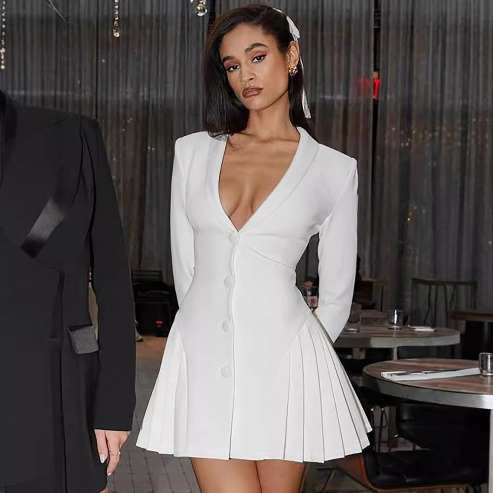 fashionfall and winterbest sellingpure colorlong sleevespleatedsexy deep v neck suitdress for women