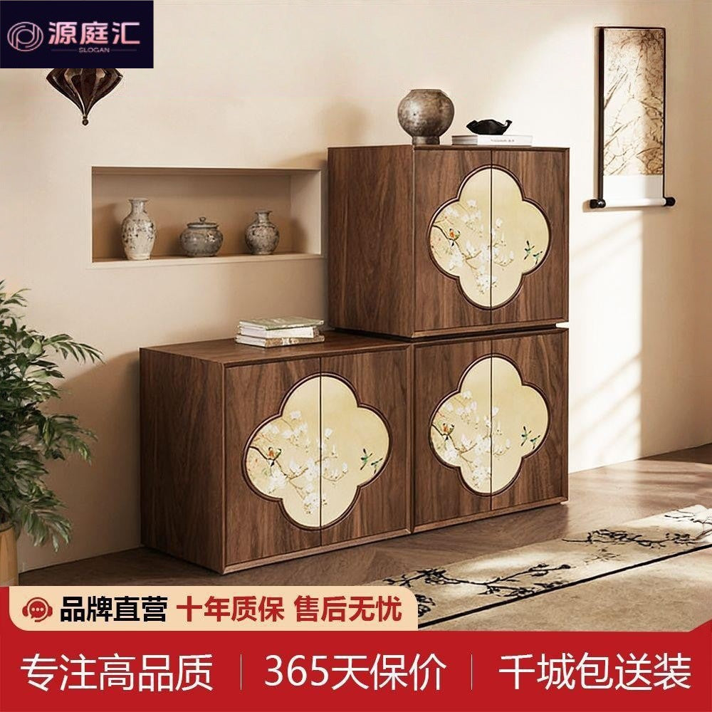 Song dynasty aesthetic black walnut entryway cabinet - modern chinese style solid wood storage console table - stackable storage combination unit