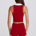 Sleeveless running pilates workout v-neck top vest with padded bra, color block turn-down collar yoga set
