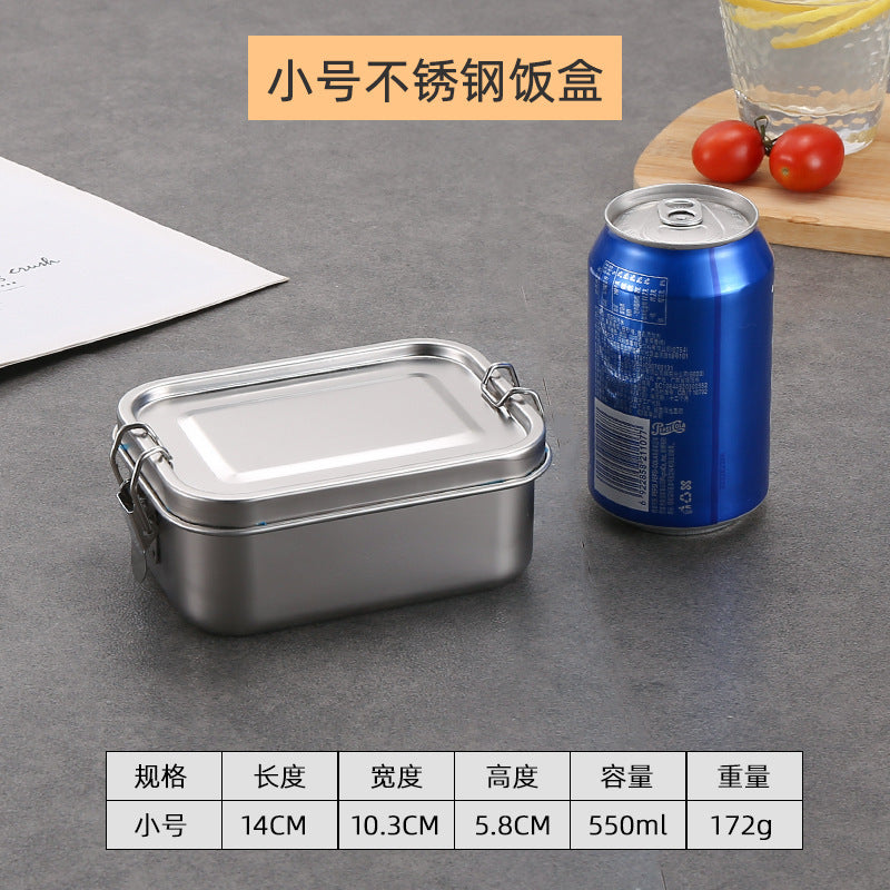 Outdoor 304 stainless steel square lunch box with snap-lock lid, food-grade bento box for students and office workers, airtight meal container