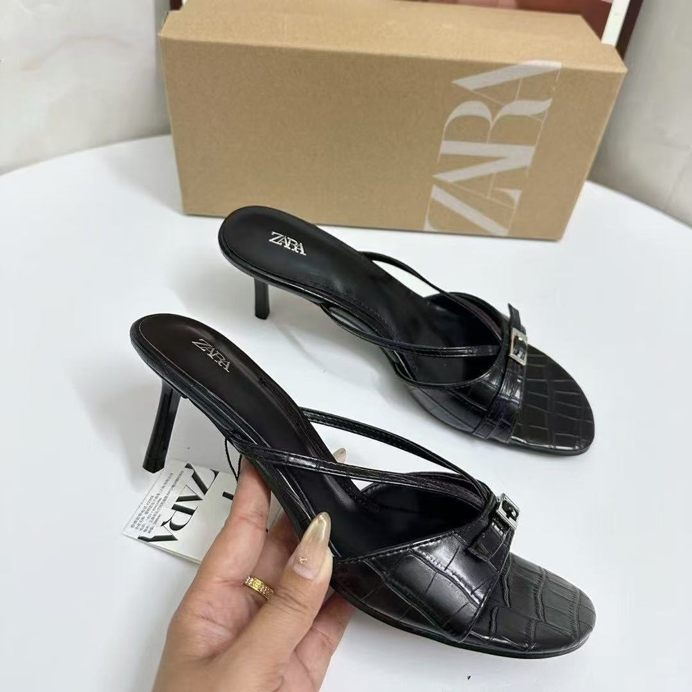 Za women's shoes 2025 summer new arrivals: buckled, embellished, round-toe stiletto sandals - open toe outdoor slides