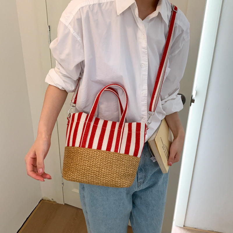 Striped handmade straw bag European and American fashion vegetable basket tote bag 2025 summer large capacity portable beach bag women