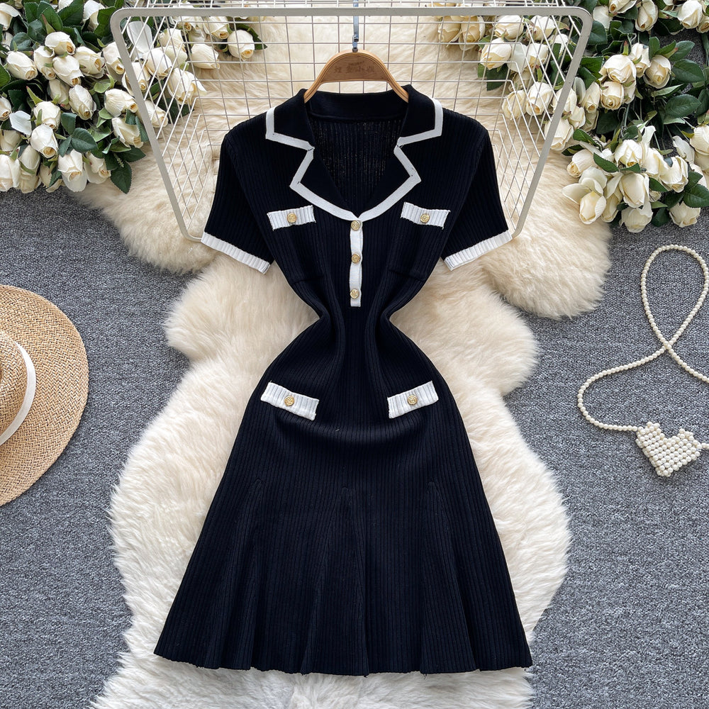 French chic chanel-inspired color block knit dress with peter pan collar, metal buckle waist, and slimming fit