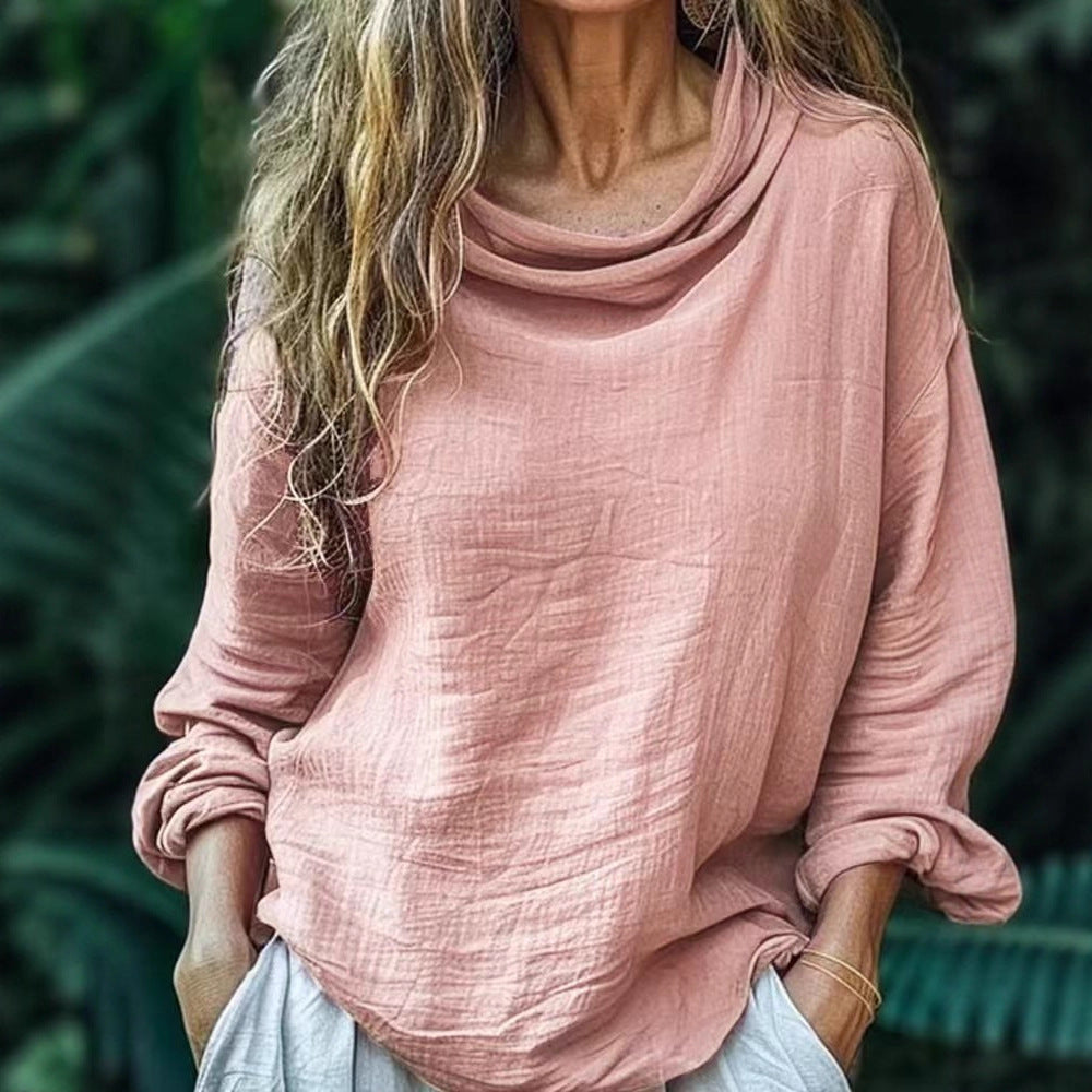 European and American  spring new women's clothing casual loose fashion long-sleeved solid color stacked collar pullover pleated top