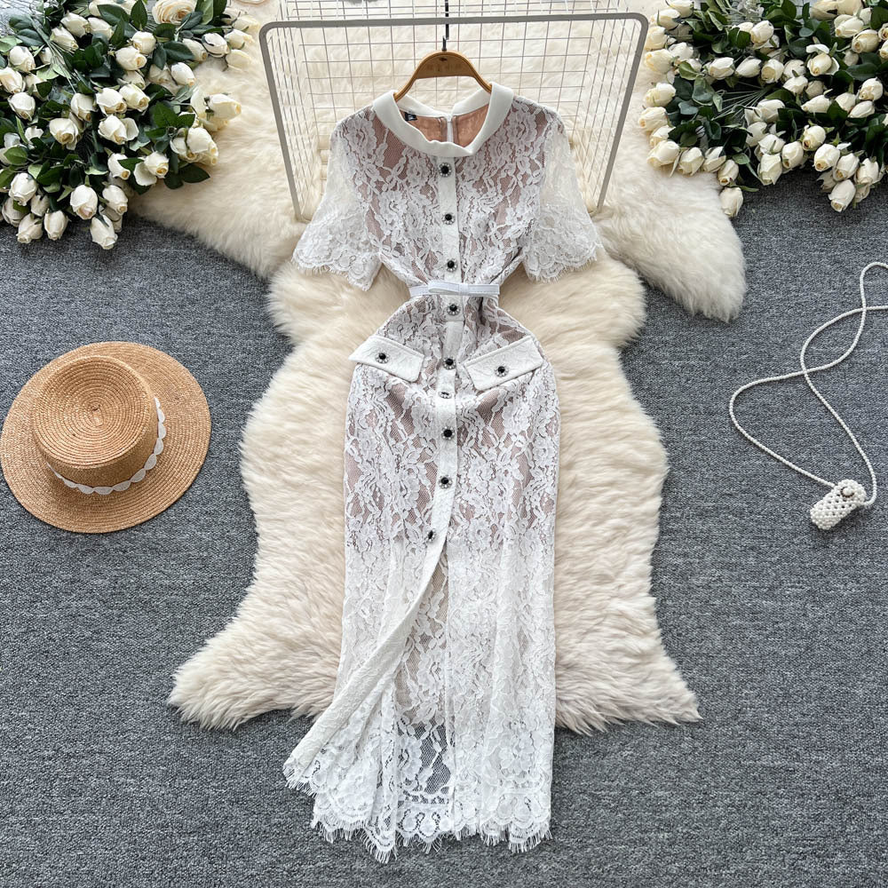 Elegant women's dress -  summer french chic, single-breasted, cinched waist, slim-fit, short sleeve, lace-trimmed slit maxi dress