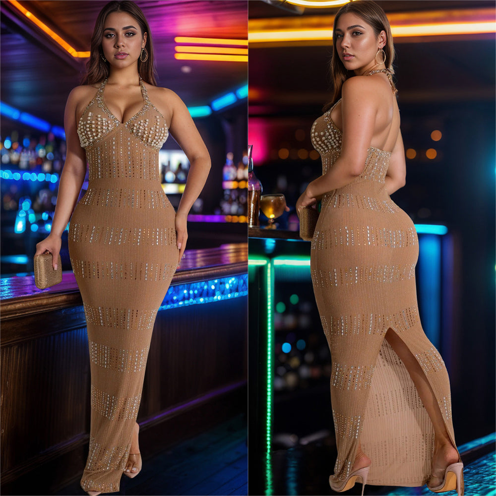 C7075 cross-border   independent station fashion women's lace hot diamond deep v sleeveless dress
