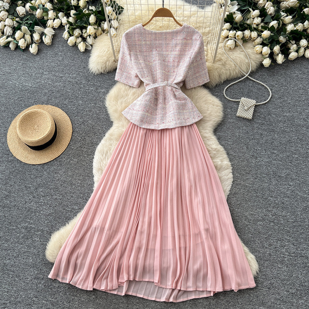 Tweed stylesequin this beaded round neck dress women's summerclassy sense waist slimming lookpleated long skirt work clothing