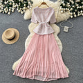 Tweed stylesequin this beaded round neck dress women's summerclassy sense waist slimming lookpleated long skirt work clothing