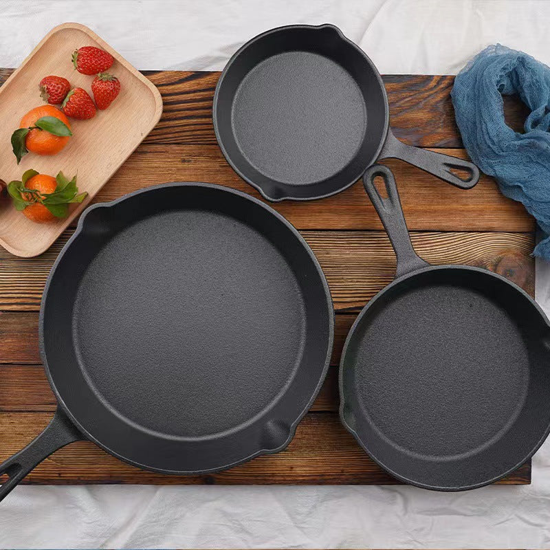 Cast iron pan flat bottom small frying pan three-piece set old-fashioned household frying egg pan induction cooker non-stick pan set