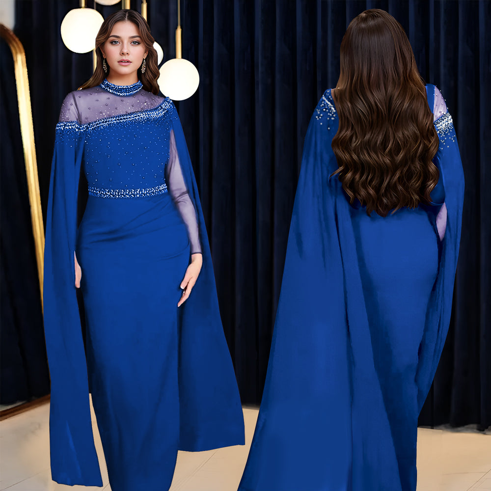 C7280 cross-border fashion evening gown dress: european & american style, chiffon & mesh paneling, heavily embellished with hotfix rhinestones & beaded appliqués, featuring trendy cape sleeves