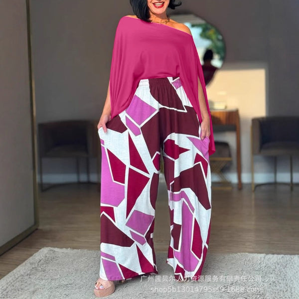 ODL2360A Women's Off-Shoulder Bat Sleeve Top + Geometric Color Matching Wide Leg Pants Set