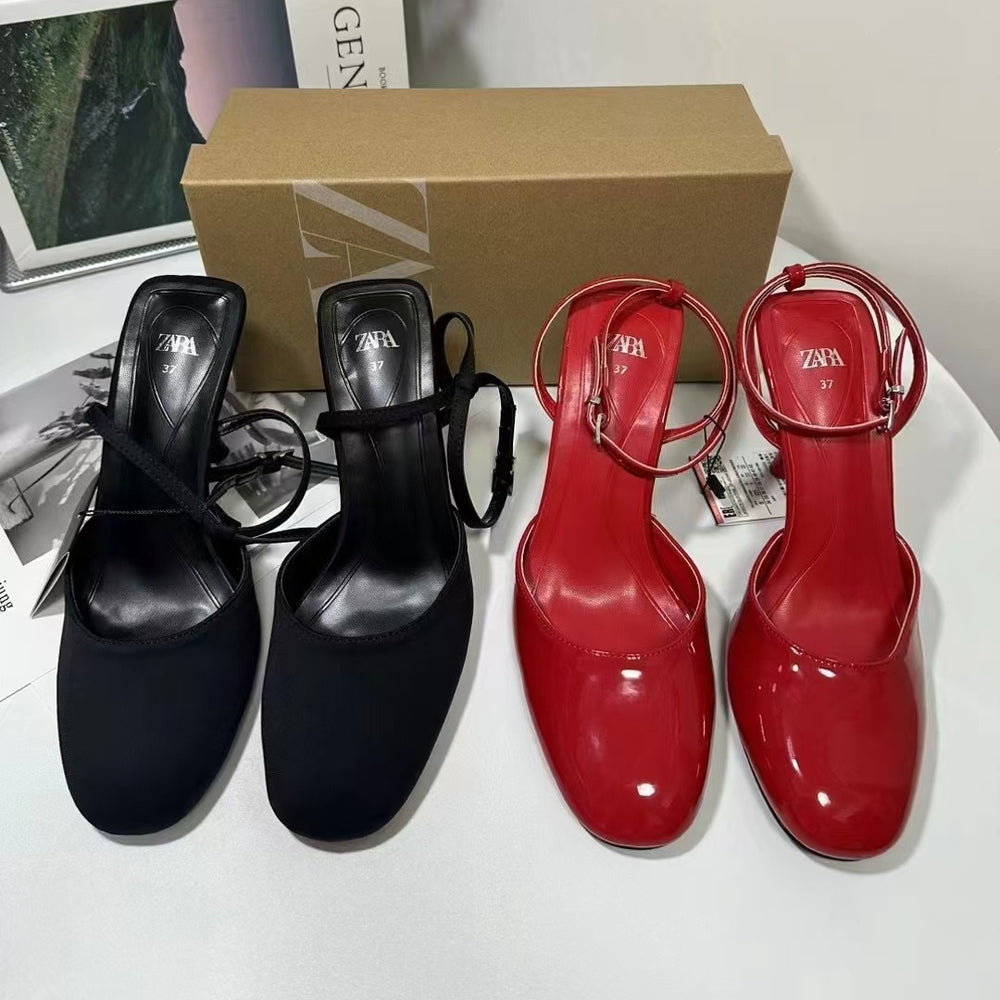 Za2024summernew arrival high heels stiletto toe cap flats sandals strap buckle hollow round toe european and american women's shoes