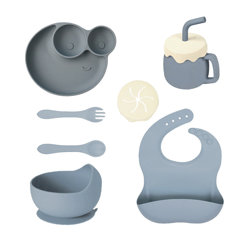 Children's Silicone Plate 7-piece Set Baby Separate Plate Feeding Bib Water Cup Fork Spoon Supplementary Food Bowl Tableware