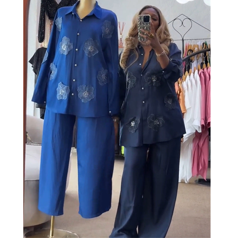 European and american women's clothing  autumn new collection: sweet and fresh collared appliqué long-sleeve shirt and high-waisted straight-leg pants two-piece set
