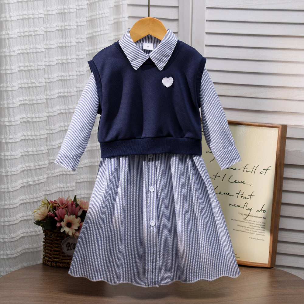 Girls' dress, preppy style two-piece dress set with vest