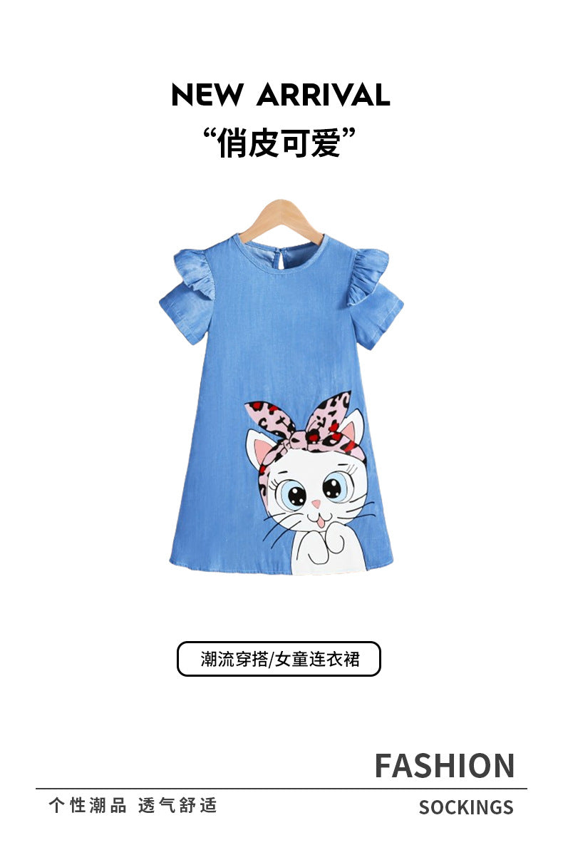 summer cute girls' dress -  wholesale - blue cartoon cat pattern flutter sleeve girl's dress