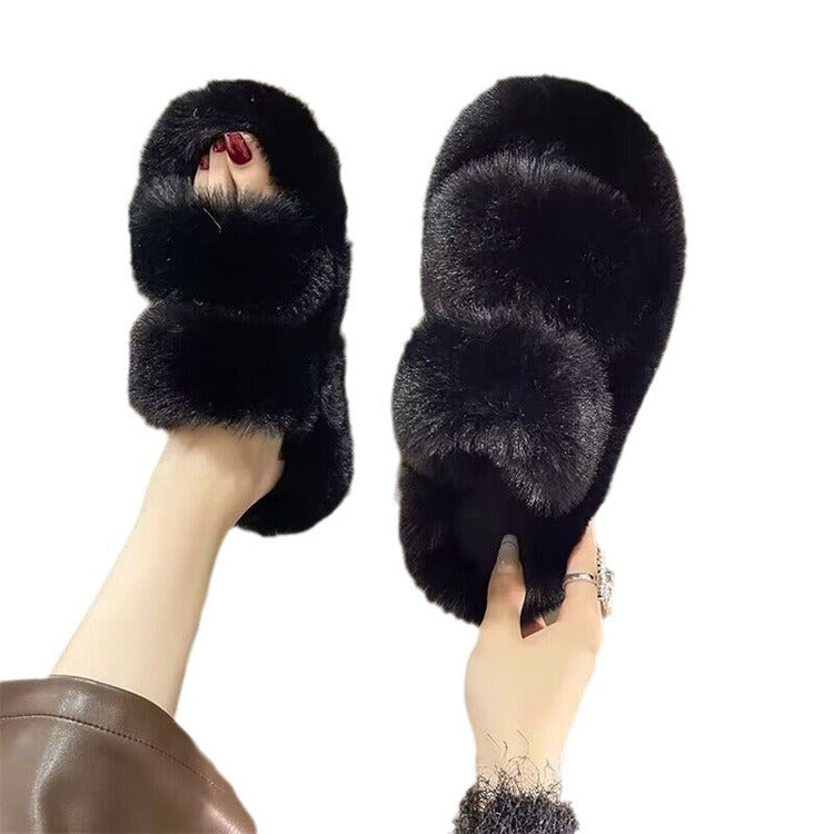 Furry slippers for women outwear 2023new arrivalk-style ins trendy shoes fall and winter home cotton slippers double strap one-line slippers