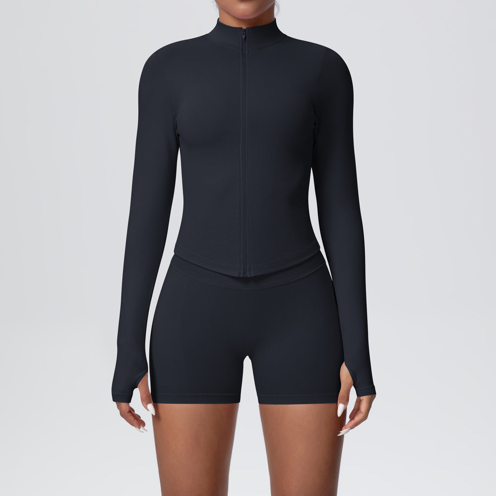 New cross-border seamless solid color high-elastic breathable zipper sports set - running, fitness, and yoga two-piece outfit