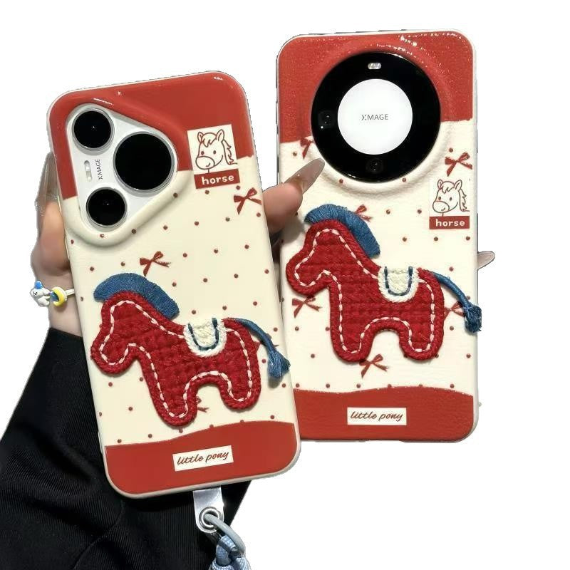 Tiktok viral embroidered pony design phone case - apple 17 pro compatible, new year edition, autumn/winter leather, huawei p70 protective cover