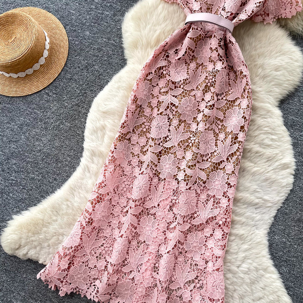 Frenchaccessible luxury heavy industry short sleeve lacedress women's summer lapel cut out waist slimming lookwork clothingelegance long skirt