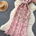 Frenchaccessible luxury heavy industry short sleeve lacedress women's summer lapel cut out waist slimming lookwork clothingelegance long skirt