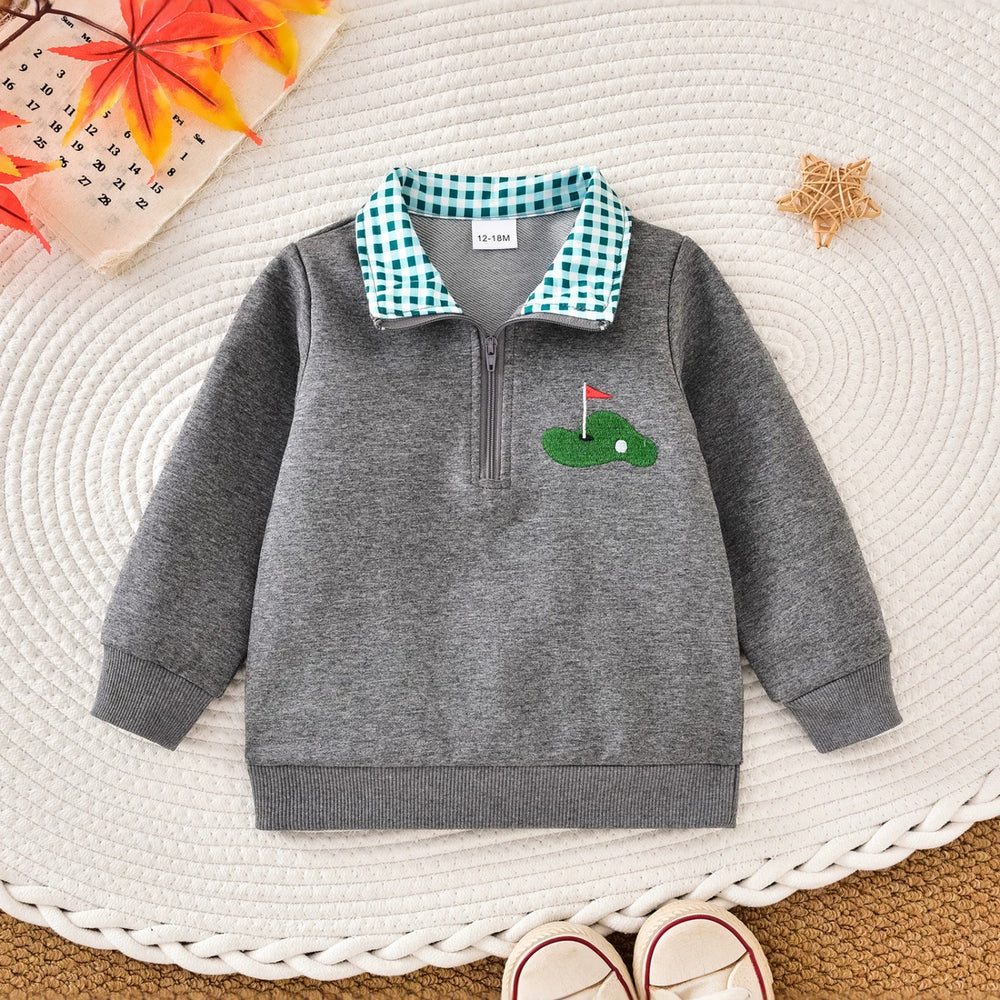 Boys' and girls' long-sleeve embroidered sports top with turn-down collar