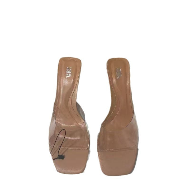 Za summer new chunky heel women's shoes square toe ankle strap high heels women's pvc open toe slingback glass heel sandals