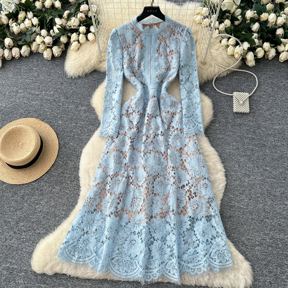 Frenchniche styleaccessible luxury socialiteclassy sense hook flower lacedress women's autum waist slimming lookelegant dress
