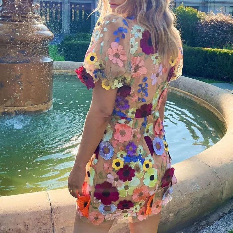 European and american cross-border  ins new arrival v-neck 3d floral bodycon lantern sleeve dress sexy embroidered evening gown
