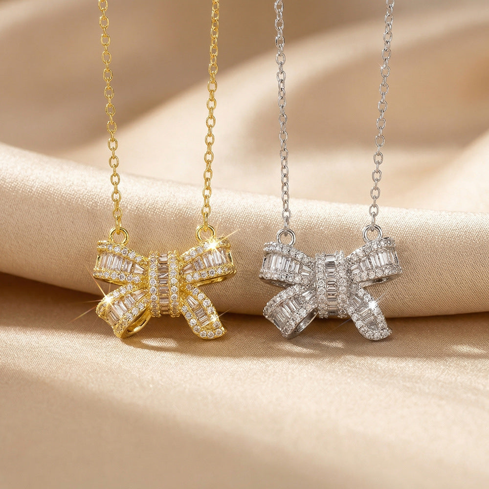 Popular internet celebrity fashion copper gold-plated full diamond bow necklace for women accessible luxuryniche styleeasiest for match titanium steel clavicle chain jewelry
