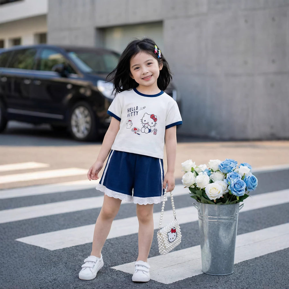 Girls' summer outfit set, new  korean style cartoon kt print short sleeve and shorts, class a pure cotton sweet set