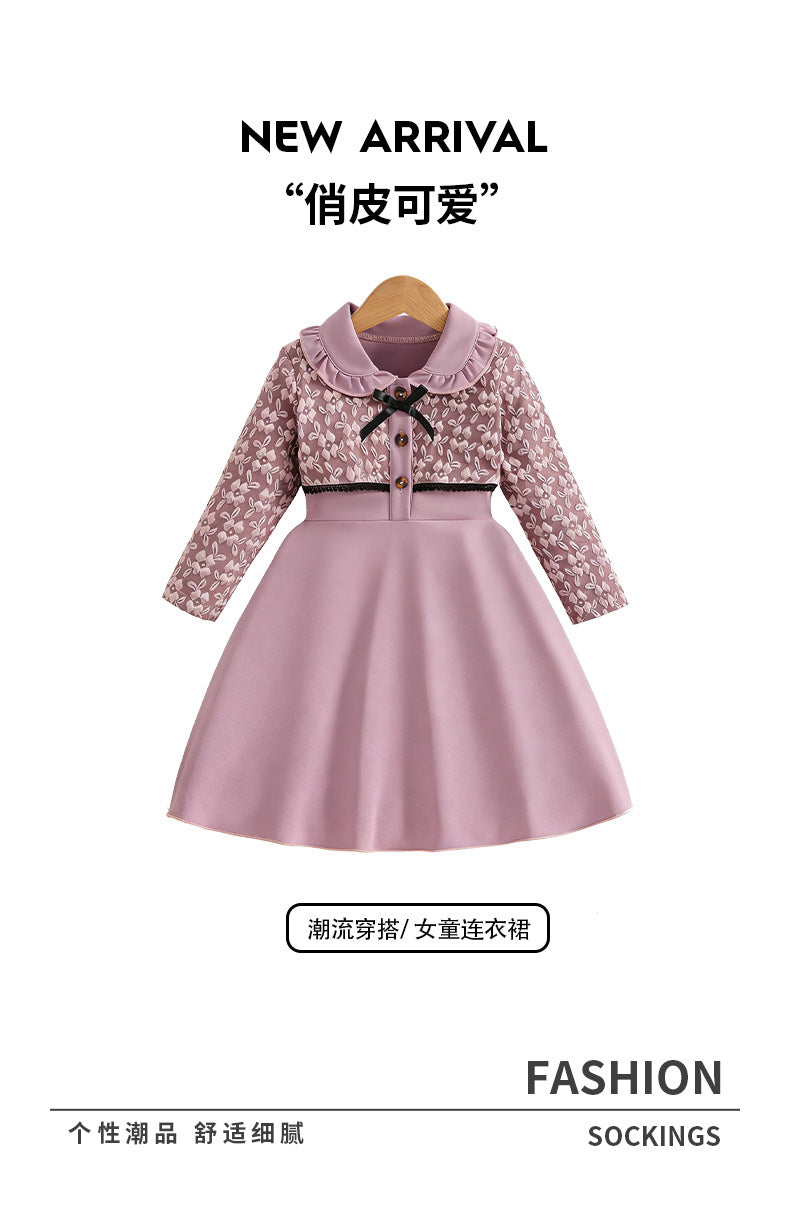 Exportgirldresslight pink doll collar long sleevesbowslong skirtautumkids waist a-line skirt