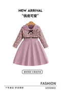 Exportgirldresslight pink doll collar long sleevesbowslong skirtautumkids waist a-line skirt