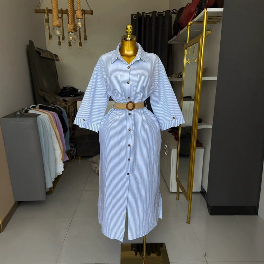 European and american cross-border women's fashion:  summer new arrival - stylish and chic striped turn-down collar pocket single-breasted shirt dress