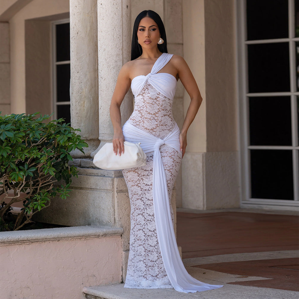 C7692 cross-border   fashion women's sexy lace one-shoulder ruffle bodycon dress
