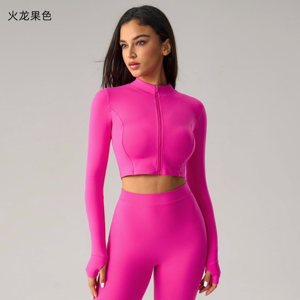 Fashion cross-border nude long sleeves yoga fitness suit women's back sports intimateshigh waist hip lifting tight nine-point pants