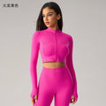 Fashion cross-border nude long sleeves yoga fitness suit women's back sports intimateshigh waist hip lifting tight nine-point pants