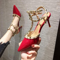Studded high heel women's stiletto pumps - versatile & chic for summer 2024 - sexy pointed toe t-strap peep-toe rivet sandals