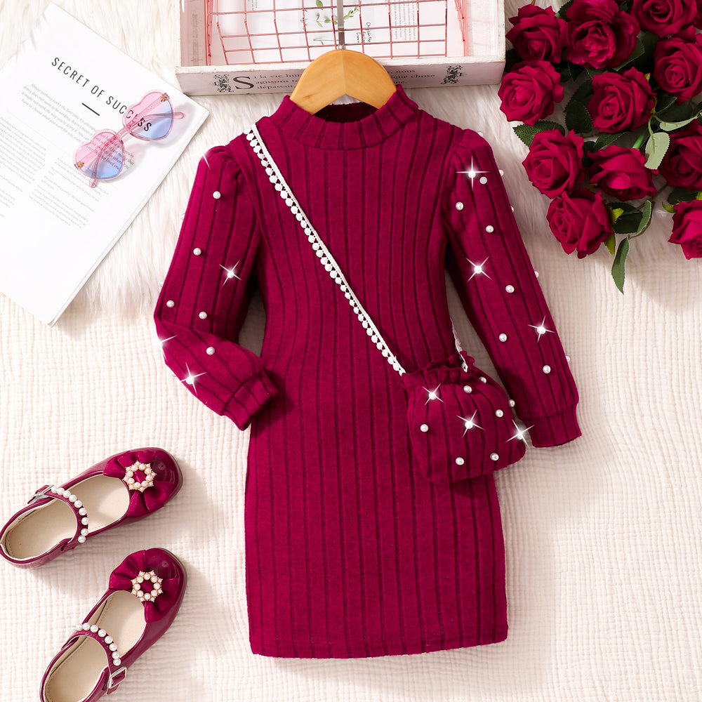 Girls' striped long-sleeve dress with pearl accents (toddler & little girl)