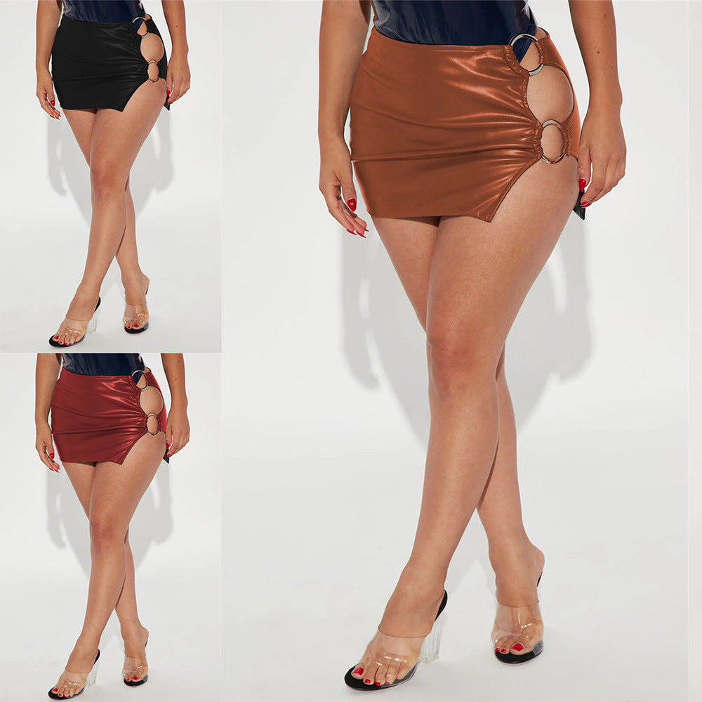 Fashion metal ring sexy miniskirt pu leather slit style nightclub women's skirt cross-border new popular hip skirt