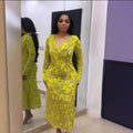 European and american cross-border women's clothing:  autumn/winter new collection - long sleeve, deep v-neck, cinched waist, printed, elegant long dress