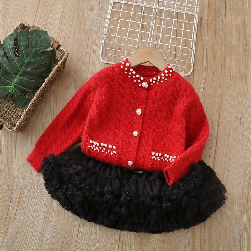 Fall and winternew arrival baby girl k-styleknittingoutweargirlsweatercardigan tutu skirtsuit