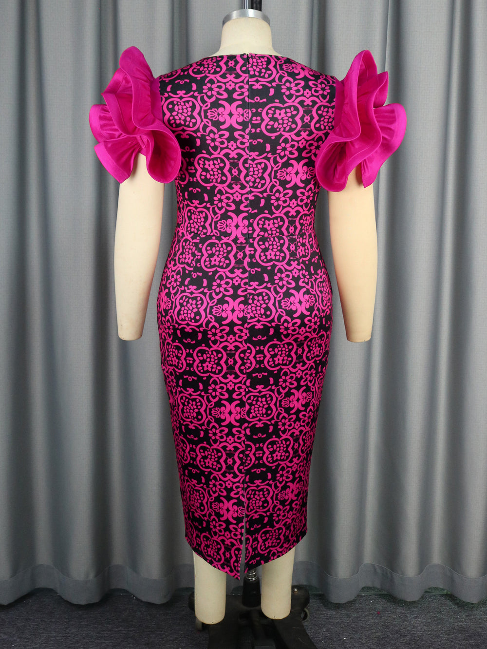 Am040101 european and american mesh panel see-through dress - elegant petal sleeve printed a-line dress