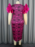 Am040101 european and american mesh panel see-through dress - elegant petal sleeve printed a-line dress